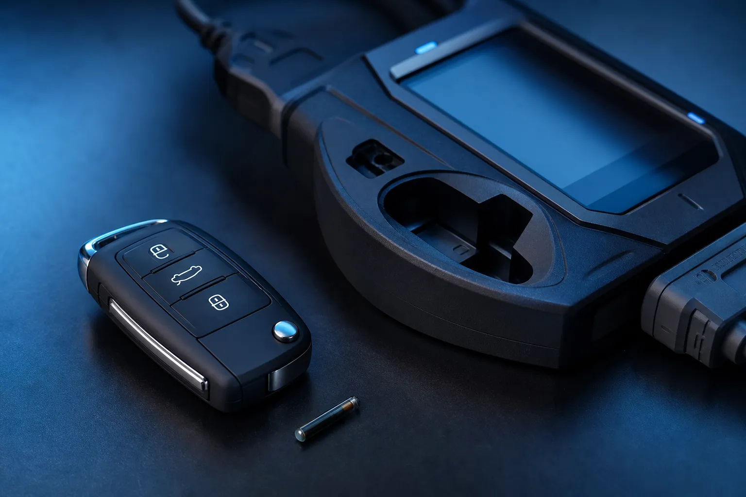 Kunci mobil modern, chip transponder, dan alat programming immobilizer